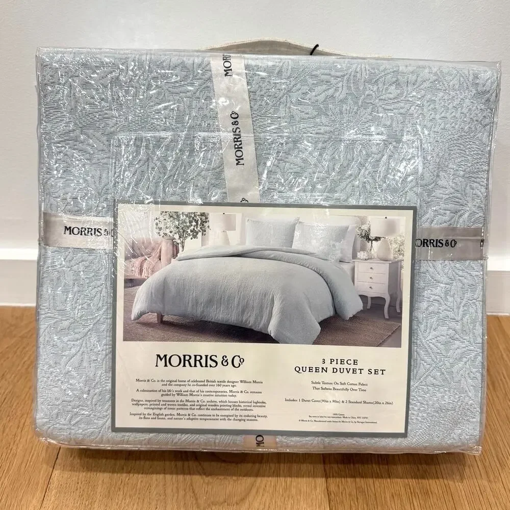 NEW Morris & Co. 3 Piece QUEEN Duvet Set Light Blue Textured Cotton Bedding